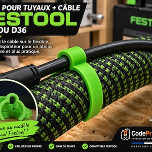 Peut inclure: Clips de fixation en plastique vert vif pour tuyaux d'aspirateur Festool D27 ou D36. Ces clips maintiennent un câble électrique noir le long d'un tuyau tressé noir et vert. Le texte sur l'image indique CLIPS POUR TUYAUX + CÂBLE FESTOOL.