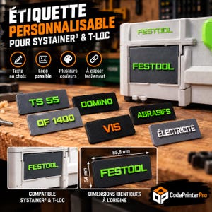 Peut inclure: Étiquettes rectangulaires personnalisables pour boîtes Festool Systainer3 et T-Loc. Les étiquettes présentent des lettres en relief de différentes couleurs, dont vert, orange et blanc. Une mesure de 85,6 mm sur 54 mm est indiquée.