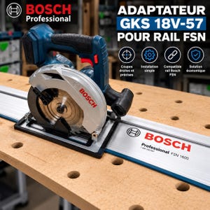 May include: A blue and black Bosch Professional GKS 18V-57 circular saw mounted on a silver Bosch FSN 1600 guide rail. The tool features a silver blade guard with red Bosch branding and a black handle. Text on the image reads ADAPTATEUR GKS 18V-57.
