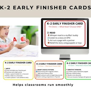 Op de afbeelding: Afbeelding van K-2 Early Finisher Cards. De afbeelding toont een kind dat een 'A'-kaart en een appelkaart vasthoudt. De afbeelding toont ook een computerscherm en drie kaarten met activiteiten zoals lezen, schrijven en creatief denken. Tekst op de afbeelding luidt: "Helpt klaslokalen soepel te verlopen."