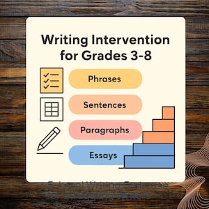 May include: A graphic with the text "Writing Intervention for Grades 3-8" and a list of writing topics: Phrases, Sentences, Paragraphs, and Essays. The image includes a pencil, checklist, and grid icons.