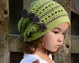 Crochet Hat PATTERN - Woodland Slouchy - crochet pattern for slouch beanie hat + flowers (3 sizes | Toddler Child Adult) - PDF Download