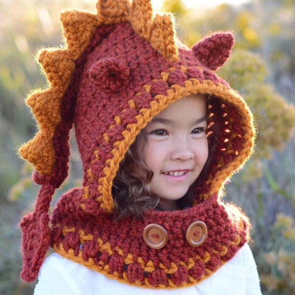 CROCHET PATTERN - Lucky Dragon Hood & Cowl - crochet hood pattern, hooded cowl hat pattern (3 sizes | Toddler Child Adult) - PDF Download
