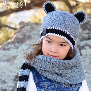 Crochet PATTERN - Raccoon Adventures - crochet beanie hat pattern + cowl scarf pattern (3 sizes | Toddler Child Adult) - PDF Download