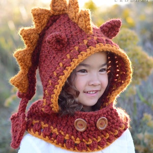 Crochet PATTERN Lucky Dragon Hood & Cowl crochet hood pattern, hooded cowl hat pattern 3 sizes Toddler Child Adult PDF Download image 1