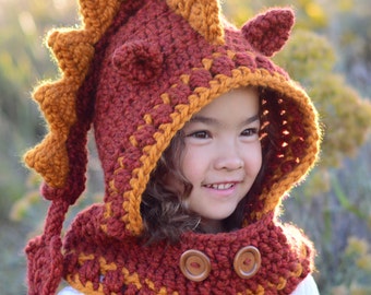 Crochet PATTERN - Lucky Dragon Hood & Cowl - crochet hood pattern, hooded cowl hat pattern (3 sizes | Toddler Child Adult) - PDF Download