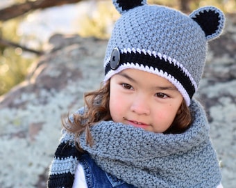 Crochet PATTERN - Raccoon Adventures - crochet beanie hat pattern + cowl scarf pattern (3 sizes | Toddler Child Adult) - PDF Download