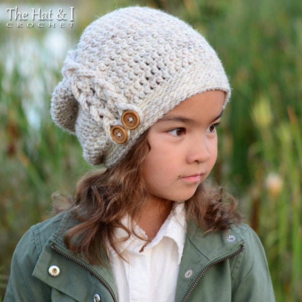 Crochet Hat PATTERN - Buttons & Braids Slouchy - crochet pattern for slouchy beanie hat (3 sizes | Toddler Child Adult) - PDF Download