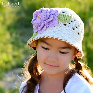 Crochet Hat PATTERN - In Full Bloom - crochet pattern for sun hat + flower, girls bucket hat pattern (6 sizes | Baby - Adult) - PDF Download
