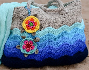 CROCHET PATTERN - Turtle Beach Tote - crochet bag pattern, colorful turtle purse tote pattern, crochet beach bag pattern - PDF Download