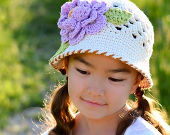 Crochet Hat PATTERN - In Full Bloom - crochet pattern for sun hat + flower, girls bucket hat pattern (6 sizes | Baby - Adult) - PDF Download