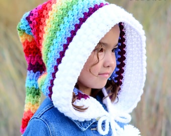 Crochet PATTERN - Over the Rainbow - crochet hood pattern, pixie hat, rainbow fairy hood pattern (2 sizes | Child & Adult) - PDF Download