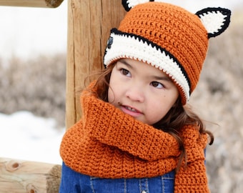 Crochet PATTERN - Fox Fancy - crochet fox hat pattern + cowl scarf pattern, beanie pattern (3 sizes | Toddler Child Adult) - PDF Download