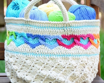 CROCHET PATTERN - Have a Heart Tote - crochet bag pattern, heart tote pattern, colorful tote bag w/ linked hearts pattern  - PDF Download