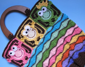 Crochet PATTERN - Toadally Froggin' Tote - crochet tote bag pattern, colorful frog tote bag, crochet frog purse pattern - PDF Download