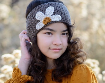 Crochet PATTERN - Miss Daisy - crochet headband pattern + flower, ear warmer head wrap pattern (5 sizes | Baby - Adult) - PDF Download