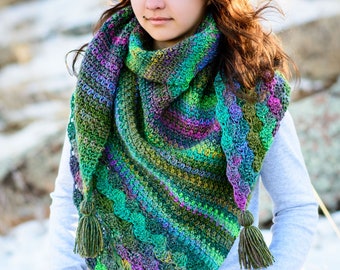 CROCHET PATTERN - Enchanted Forest Shawl - crochet shawl pattern, asymmetrical wrap, triangle shawl scarf pattern - PDF Download