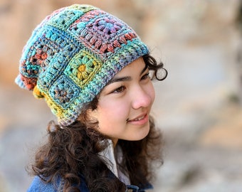 Crochet Hat PATTERN - Square Scramble Slouchy - crochet pattern slouch hat, boho granny square hat (3 sizes | Child Adult XL) - PDF Download