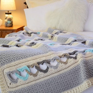 CROCHET PATTERN - With All My Heart - crochet blanket pattern, heart afghan pattern, throw blanket pattern with linked hearts - PDF Download