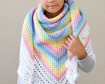 CROCHET PATTERN - Rainbow Reflections - crochet shawl pattern with lacy edge, rainbow shawl, Kawaii Girls Women wrap pattern - PDF Download