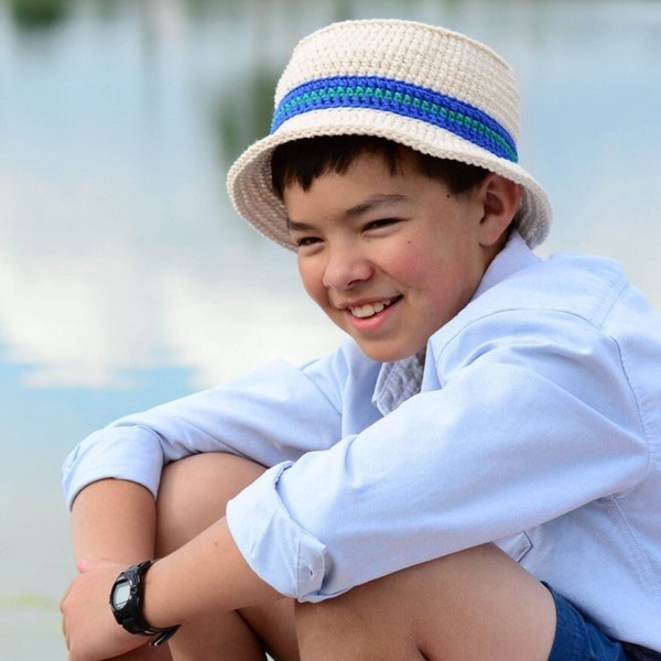 Crochet Hat PATTERN - Cabana Boy Hat - crochet pattern for boys sun hat, boater bucket hat pattern (5 sizes | Baby - Adult) - PDF Download