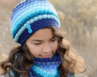 Crochet PATTERN - Bobblicious - crochet hat pattern + scarf pattern, slouchy beanie pattern (3 sizes | Toddler Child Adult) - PDF Download