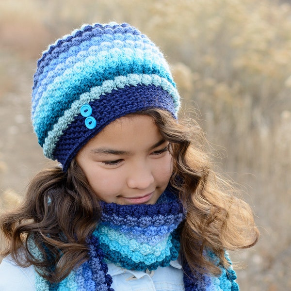 Crochet PATTERN - Bobblicious - crochet hat pattern + scarf pattern, slouchy beanie pattern (3 sizes | Toddler Child Adult) - PDF Download