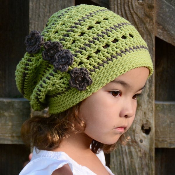 Crochet Hat PATTERN - Woodland Slouchy - crochet pattern for slouch beanie hat + flowers (3 sizes | Toddler Child Adult) - PDF Download