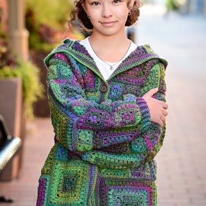 Crochet PATTERN Square Scramble Sweater crochet pattern for granny square cardigan sweater with hood sizes XS 3XL PDF Download image 10