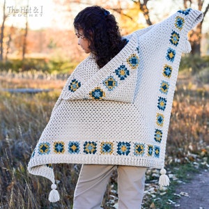 Crochet PATTERN - Square Dance Hooded Shawl - granny square crochet shawl pattern, hood pattern, women's hooded shawl pattern - PDF Download