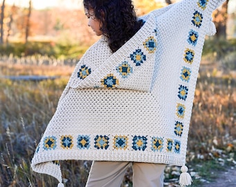 Crochet PATTERN - Square Dance Hooded Shawl - granny square crochet shawl pattern, hood pattern, women's hooded shawl pattern - PDF Download