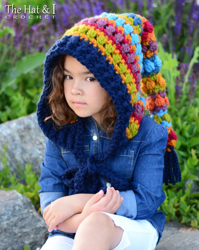 Crochet PATTERN Bohemian Nights Hoodie crochet hood pattern, pixie hat, boho fairy hood pattern 2 sizes Child & Adult PDF Download image 1