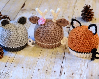 Crochet Hat PATTERN - Forest Friends - crochet pattern for raccoon deer fox beanie hat, boy girl hat (5 sizes | Baby - Adult) - PDF Download