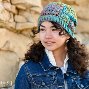 Pattern for a crochet hat. A Boho Style hat with different sized squares joined together to make a slouchy hat with tassels. Pattern includes 3 sizes from children to adults.