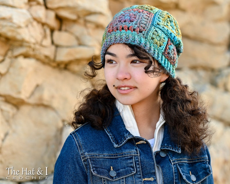 Pattern for a crochet hat. A Boho Style hat with different sized squares joined together to make a slouchy hat with tassels. Pattern includes 3 sizes from children to adults.