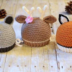 Crochet Hat PATTERN Forest Friends crochet pattern for raccoon deer fox beanie hat, boy girl hat 5 sizes Baby Adult PDF Download image 2