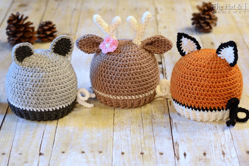 Crochet Hat PATTERN Forest Friends crochet pattern for raccoon deer fox beanie hat, boy girl hat 5 sizes Baby Adult PDF Download image 2