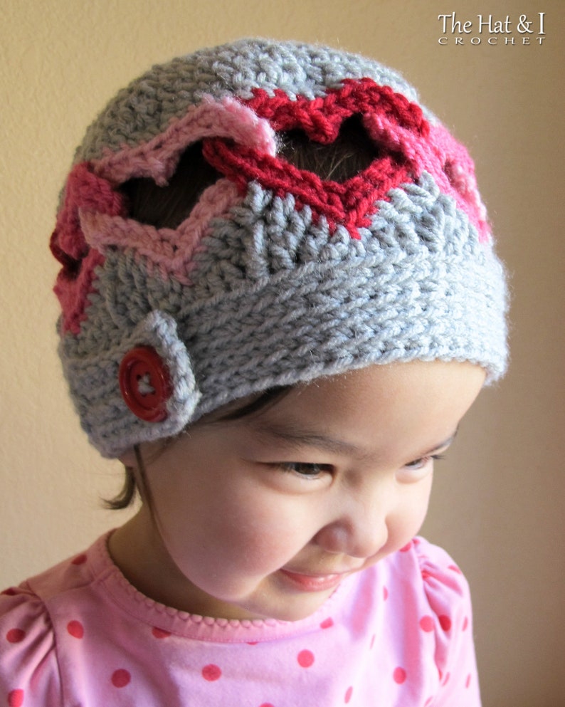 Crochet Hat PATTERN Be Mine crochet pattern for heart beanie hat, linked hearts beanie pattern 8 sizes Baby Adult PDF Download image 2