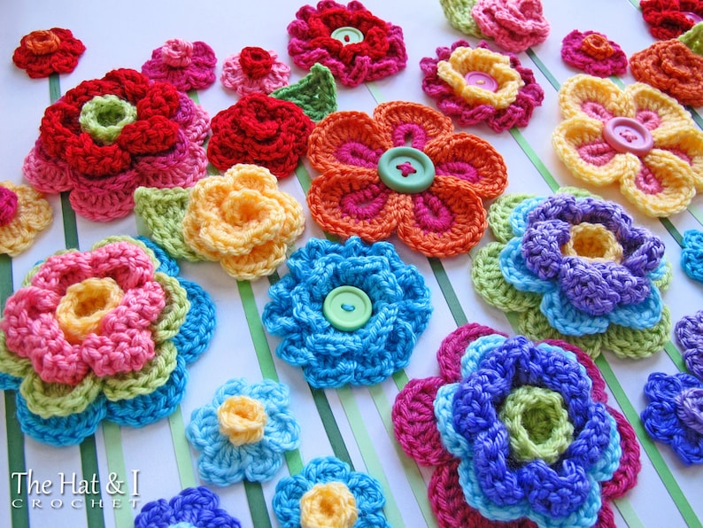 Crochet PATTERN Floral Fantasy 5 crochet flower patterns 2 leaf patterns 7 pretty patterns for colorful appliques PDF Download image 5