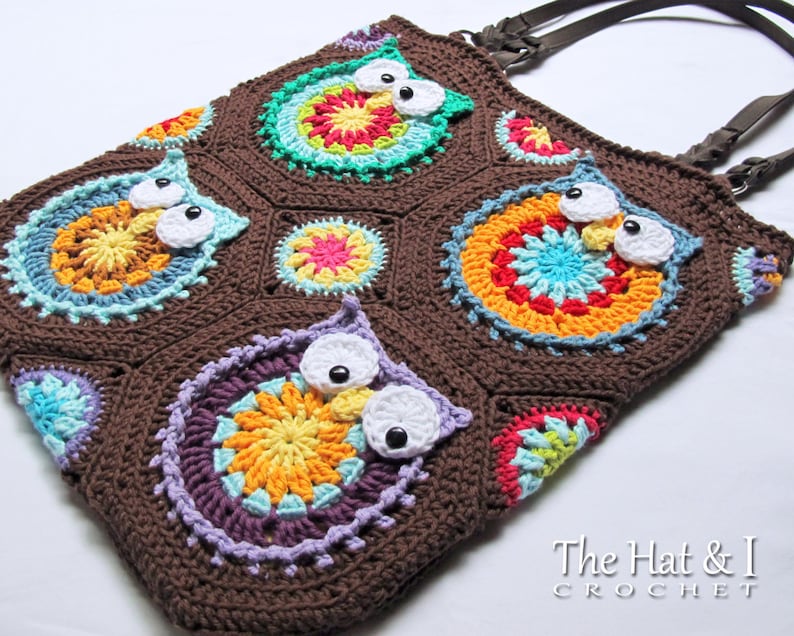 Crochet PATTERN Owl Tote'em crochet bag pattern, owl purse pattern, boho crochet tote bag pattern with colorful owls PDF Download image 5