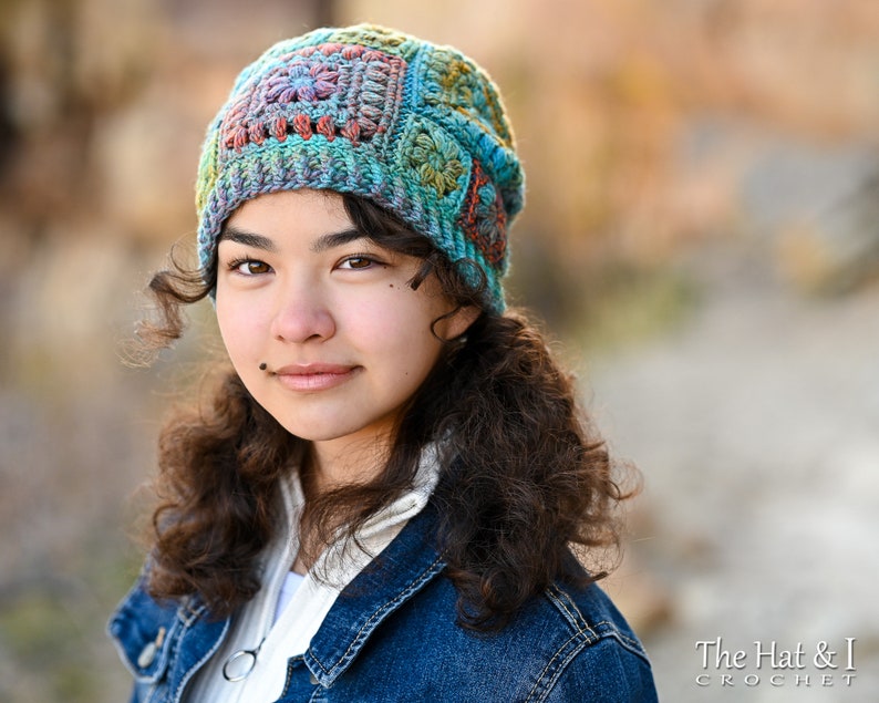 Pattern for a crochet hat. A Boho Style hat with different sized squares joined together to make a slouchy hat with tassels. Pattern includes 3 sizes from children to adults.