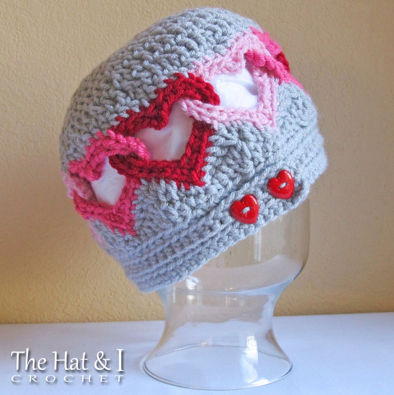 Crochet Hat PATTERN Be Mine crochet pattern for heart beanie hat, linked hearts beanie pattern 8 sizes Baby Adult PDF Download image 5