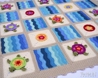 Crochet Blanket PATTERN - Turtle Bay - crochet pattern for colorful turtle blanket, honu turtle crochet baby afghan pattern - PDF Download