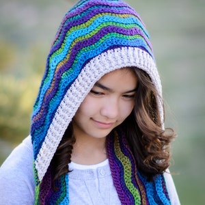 Pu&ograve; includere: Una sciarpa con cappuccio all'uncinetto colorata con un cappuccio a punta. La sciarpa &egrave; realizzata con una variet&agrave; di colori, tra cui blu, verde, viola e bianco. Il cappuccio &egrave; foderato con uncinetto bianco.