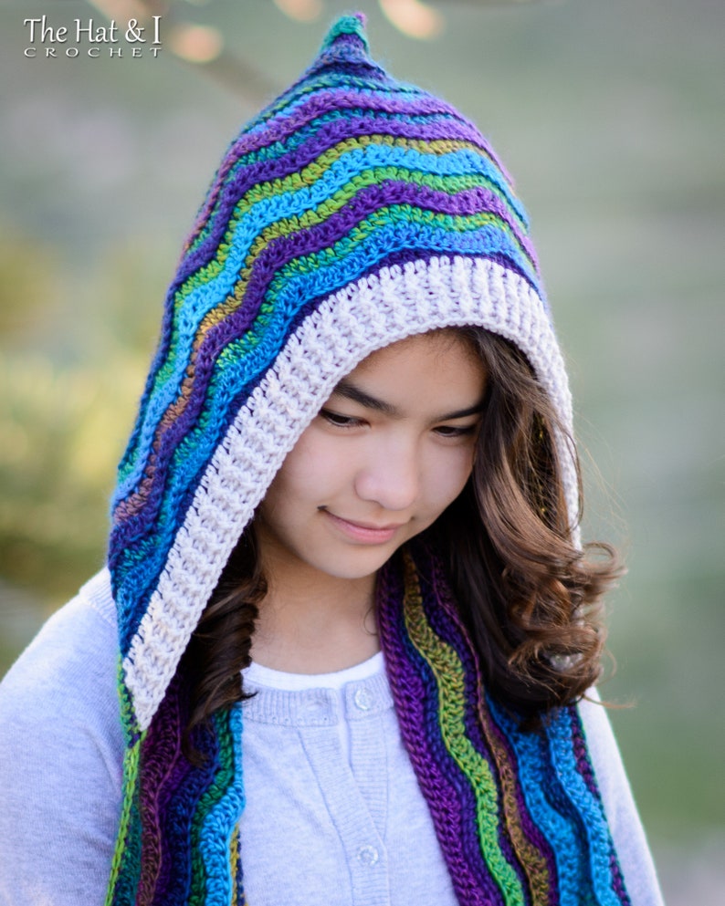 Pu&ograve; includere: Una sciarpa con cappuccio all'uncinetto colorata con un cappuccio a punta. La sciarpa &egrave; realizzata con una variet&agrave; di colori, tra cui blu, verde, viola e bianco. Il cappuccio &egrave; foderato con uncinetto bianco.