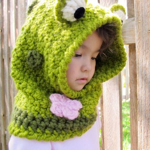 Crochet PATTERN Frog Fun crochet hood pattern, frog hooded cowl pattern, frog hat pattern 3 sizes Toddler Child Adult PDF Download image 6