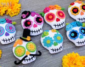 Crochet PATTERN - Sugar Skull Soirée - Day of the Dead skull pattern, colorful crochet skull ornament, skull applique pattern - PDF Download