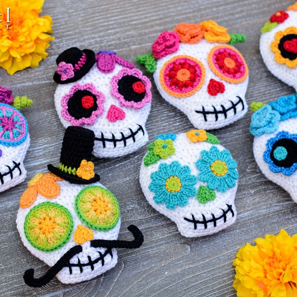 Crochet PATTERN - Sugar Skull Soirée - Day of the Dead skull pattern, colorful crochet skull ornament, skull applique pattern - PDF Download
