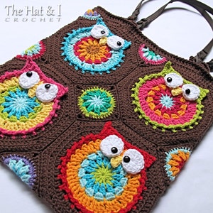 Crochet PATTERN Owl Tote'em crochet bag pattern, owl purse pattern, boho crochet tote bag pattern with colorful owls PDF Download image 1