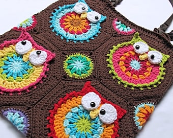 CROCHET PATTERN - Owl Tote'em - crochet bag pattern, owl purse pattern, boho crochet tote bag pattern with colorful owls - PDF Download